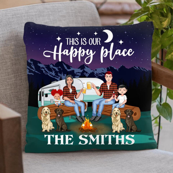 Personalized Camping Under The Stars Pillow Cover/Fleece Throw Blanket/Quilt - Gift Idea For Family/Camping Lover - Couple/Parents With Up to 2 Kids And 4 Dogs - This Is Our Happy Place