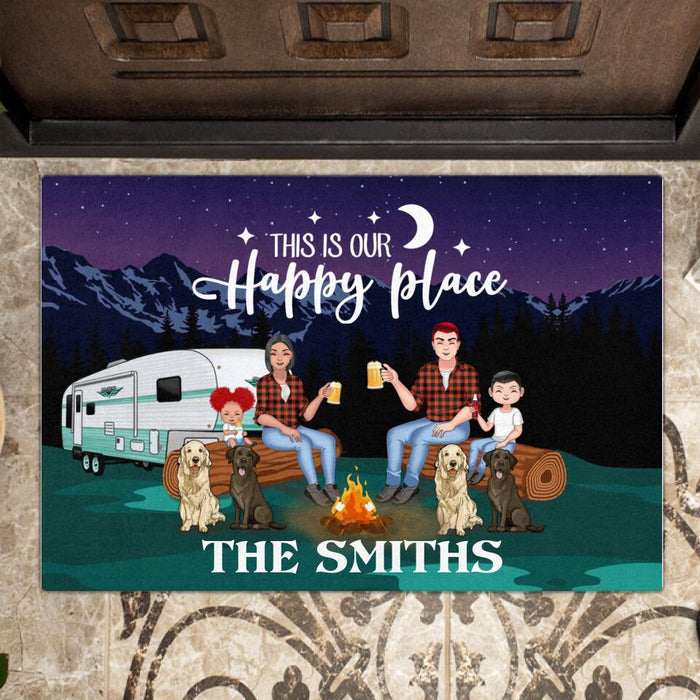 Personalized Camping Under The Stars Doormat - Gift Idea For Family/Camping Lover - Couple/Parents With Up to 2 Kids And 4 Dogs - This Is Our Happy Place