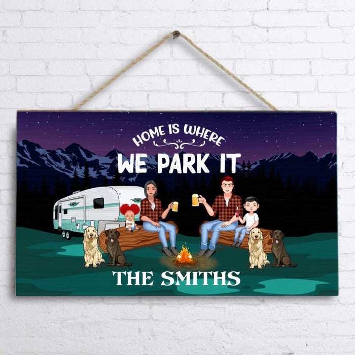 Personalized Camping Under The Stars Door Sign - Gift Idea For Family/Camping Lover - Couple/ Parents With Up to 2 Kids And 4 Dogs - Home Is Where We Park It