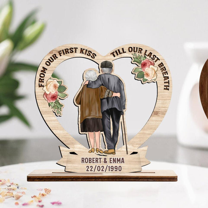 Personalized Couple Wooden Plaque - Gift for Couples, Husband and Wife - Old Couple Hugging - From Our First Kiss Till Our Last Breath