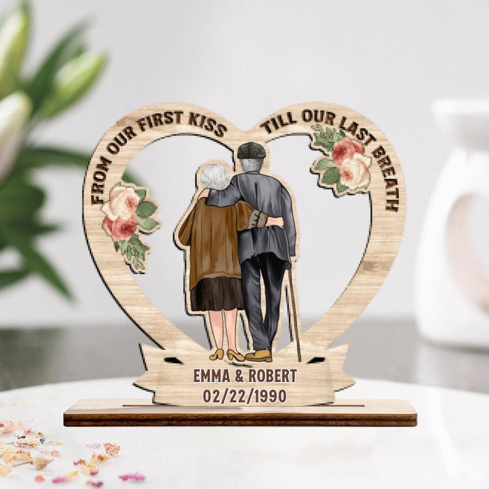 Personalized Couple Wooden Plaque - Gift for Couples, Husband and Wife - Old Couple Hugging - From Our First Kiss Till Our Last Breath