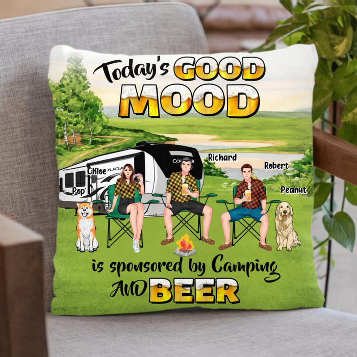 Personalized Camping Pillow Cover - Gift Idea For Camping Lover/Friends/Couple - Up to 3 People And 2 Dogs - Today's Good Mood Is Sponsored By Camping And Beer