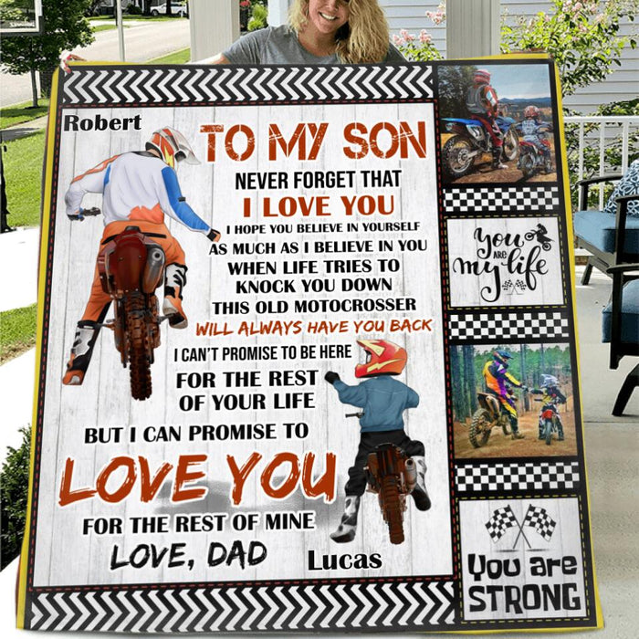 Personalized Father & Son Biker Fleece Throw Blanket/Quilt - Gift Idea For Bike Lovers - To My Son Never Forget That I Love You