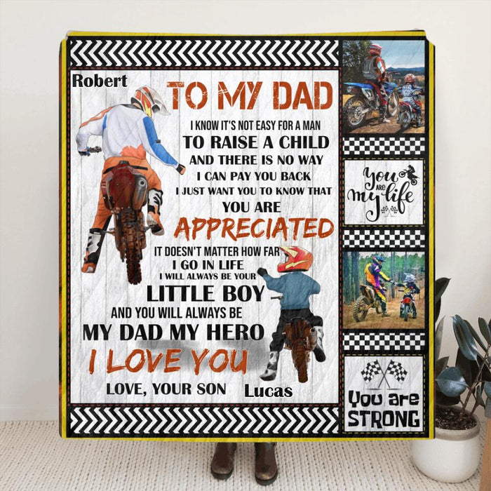 Personalized Father & Son Biker Fleece Throw Blanket/Quilt - Father's Day Gift Idea For Bike Lovers - To My Dad I Know It's Not Easy To Raise A Child