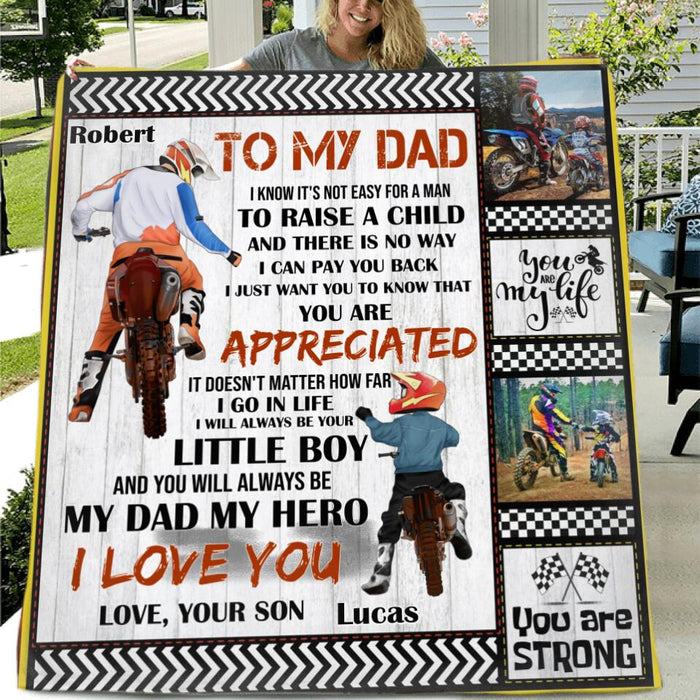 Personalized Father & Son Biker Fleece Throw Blanket/Quilt - Father's Day Gift Idea For Bike Lovers - To My Dad I Know It's Not Easy To Raise A Child
