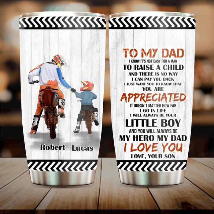 Personalized Father & Son Biker Tumbler - Father's Day Gift Idea For Biker Dad - I Know It's Not Easy For A Man To Raise A Child