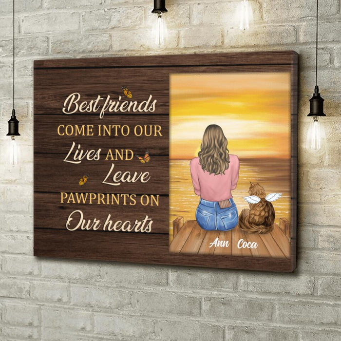 Personalized Pet Memorial Canvas - Adult/Couple With Up to 4 Pets - Memorial Gift Idea For Dog/Cat Lover - Best Friends Come Into Our Lives And Leave Pawprints On Our Hearts