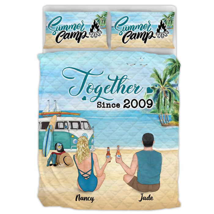 Personalized Beach Camping Quilt Bed Sets - Couple/Family With Up to 3 Kids And 3 Pets - Best Gift Idea For Camping/Dog/Cat Lover - This Is Our Happy Place