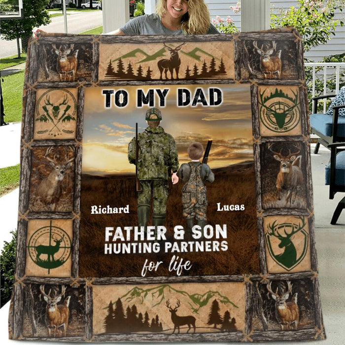 Personalized Hunting Dad & Son Fleece Throw Blanket/Quilt - Father's Day Gift Idea For Hunting Lovers - Father & Son Hunting Partners For Life