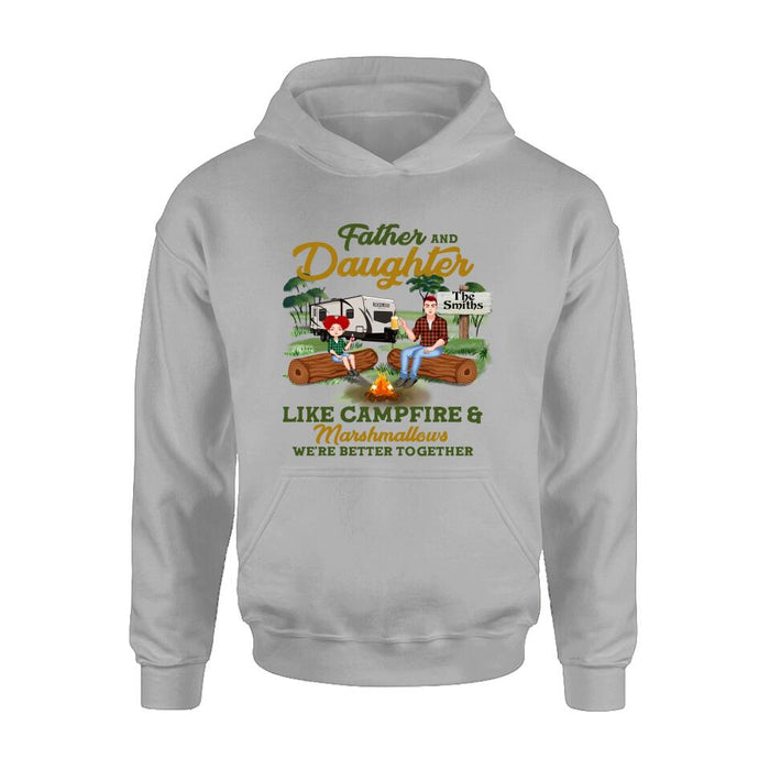 Personalized Camping Dad Shirt/Pullover Hoodie - Father's Day Gift For Camping Lover - Dad/Parents With Up to 2 Kids And 4 Dogs - Father And Daughter Like Campfire & Marshmallows
