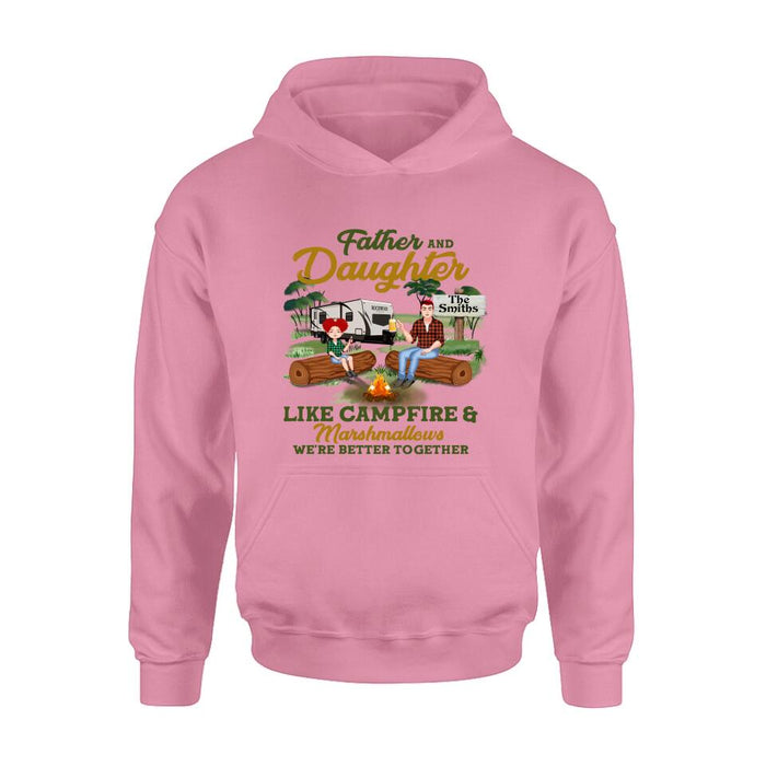 Personalized Camping Dad Shirt/Pullover Hoodie - Father's Day Gift For Camping Lover - Dad/Parents With Up to 2 Kids And 4 Dogs - Father And Daughter Like Campfire & Marshmallows