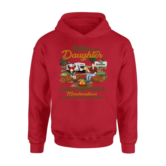 Personalized Camping Dad Shirt/Pullover Hoodie - Father's Day Gift For Camping Lover - Dad/Parents With Up to 2 Kids And 4 Dogs - Father And Daughter Like Campfire & Marshmallows