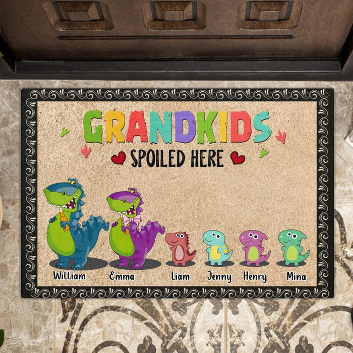 Personalized Grandparents Grandkids Spoiled Here Doormat - Grandparents/Grandpa/Grandma With Up to 4 Grandkids - Gift Idea For Grandparents/Dinosaurs Lover