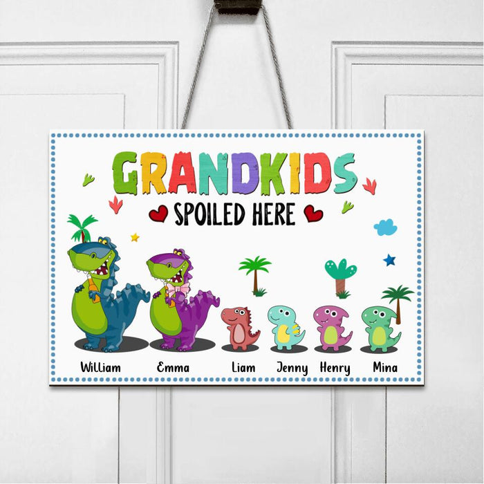 Personalized Grandparents Grandkids Spoiled Here Door Sign - Up to 4 Grandkids - Gift Idea For Grandparents/Dinosaurs Lover