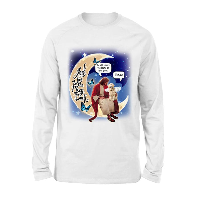 Personalized Dog And Jesus Sitting On The Moon Shirt/Pullover Hoodie - Memorial Gift Idea For Dog Lover