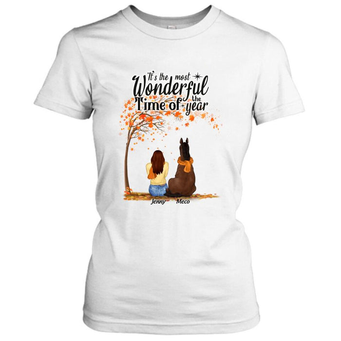 Personalized Horse Mom Autumn T-Shirt - Girl With Up to 3 Horses - It's The Most Wonderful Time Of The Year