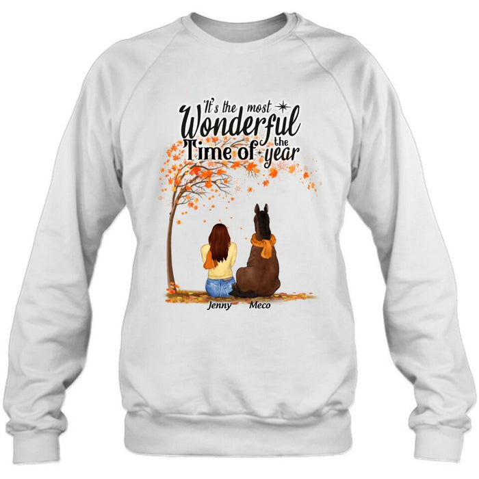 Personalized Horse Mom Autumn T-Shirt - Girl With Up to 3 Horses - It's The Most Wonderful Time Of The Year