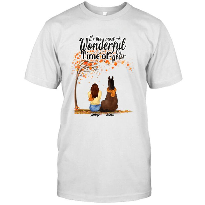 Personalized Horse Mom Autumn T-Shirt - Girl With Up to 3 Horses - It's The Most Wonderful Time Of The Year