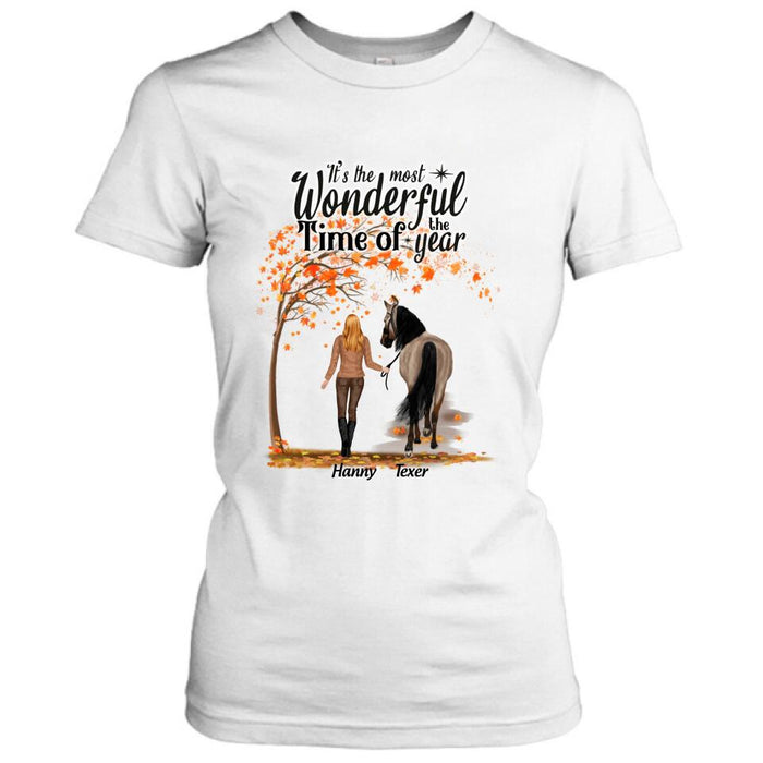 Personalized Horse Mom In Autumn T-shirt - Girl With Up to 2 Horses - Gift For Horse Lover - It's The Most Wonderful Time Of The Year