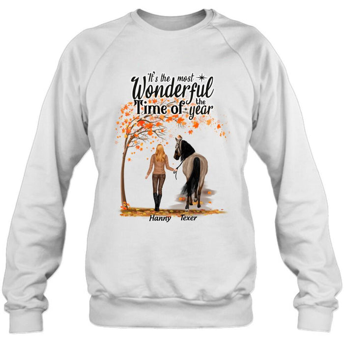 Personalized Horse Mom In Autumn T-shirt - Girl With Up to 2 Horses - Gift For Horse Lover - It's The Most Wonderful Time Of The Year
