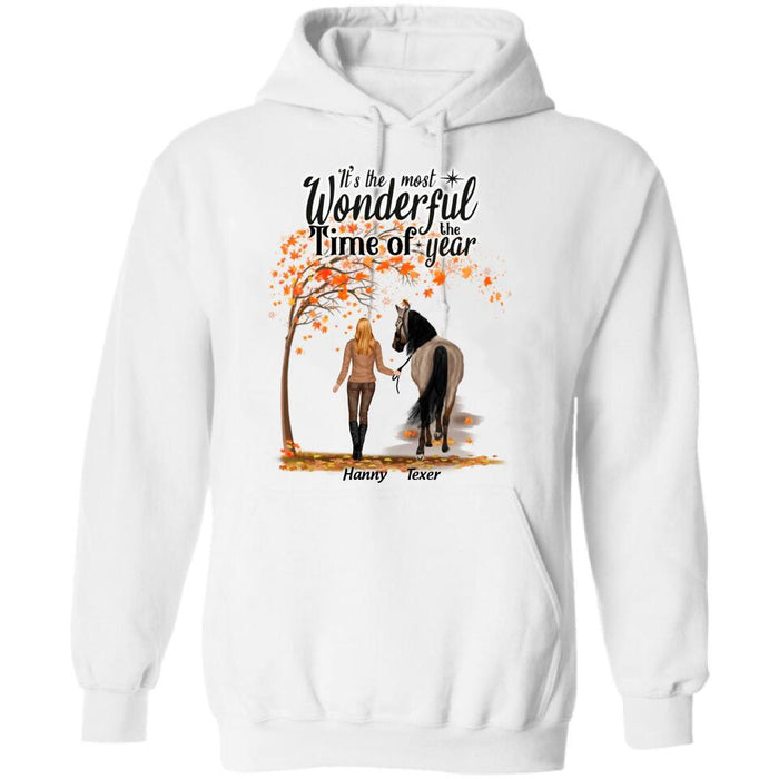 Personalized Horse Mom In Autumn T-shirt - Girl With Up to 2 Horses - Gift For Horse Lover - It's The Most Wonderful Time Of The Year