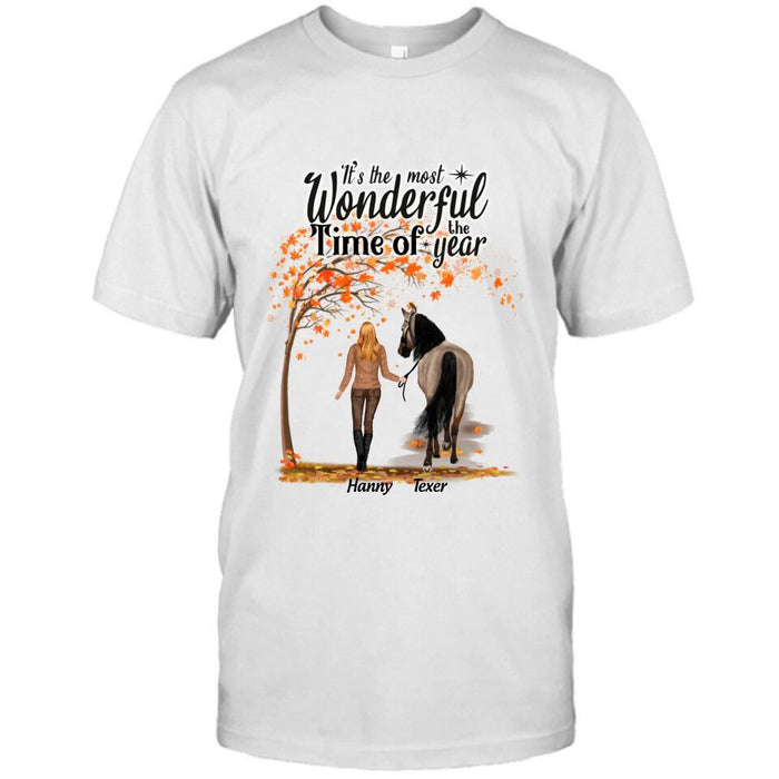 Personalized Horse Mom In Autumn T-shirt - Girl With Up to 2 Horses - Gift For Horse Lover - It's The Most Wonderful Time Of The Year