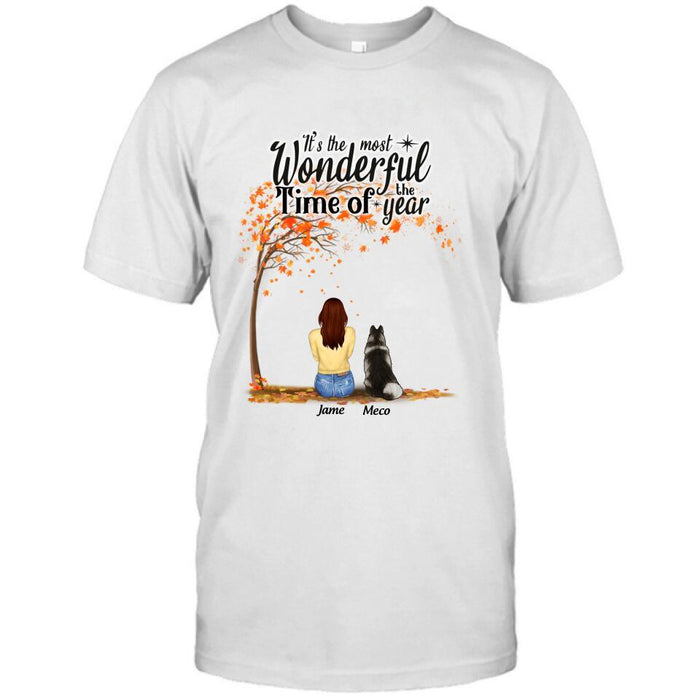 Personalized Horse Dog Mom In Autumn T-Shirt - Up to 3 Horses/Dogs  - It's The Most Wonderful Time Of The Year