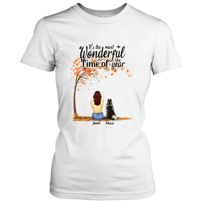 Personalized Horse Dog Mom In Autumn T-Shirt - Up to 3 Horses/Dogs  - It's The Most Wonderful Time Of The Year