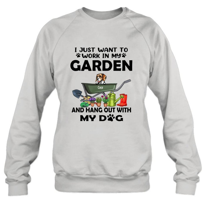 Personalized Dog Garden T-shirt - I Just Want To Work In My Garden And Hang Out With My Dogs - Gift For Dog Lover - GDGJT0