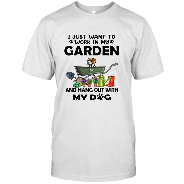 Personalized Dog Garden T-shirt - I Just Want To Work In My Garden And Hang Out With My Dogs - Gift For Dog Lover - GDGJT0