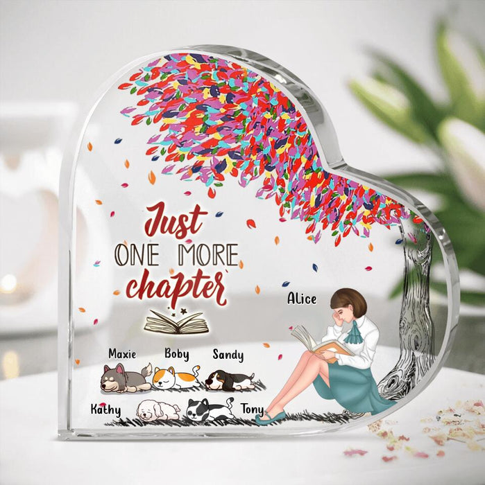 Personalized Reading Girl Heart Shaped Acrylic Plaque - Up to 5 Pets - Gift Idea For Book/Cat/ Dog Lover - Just One More Chapter