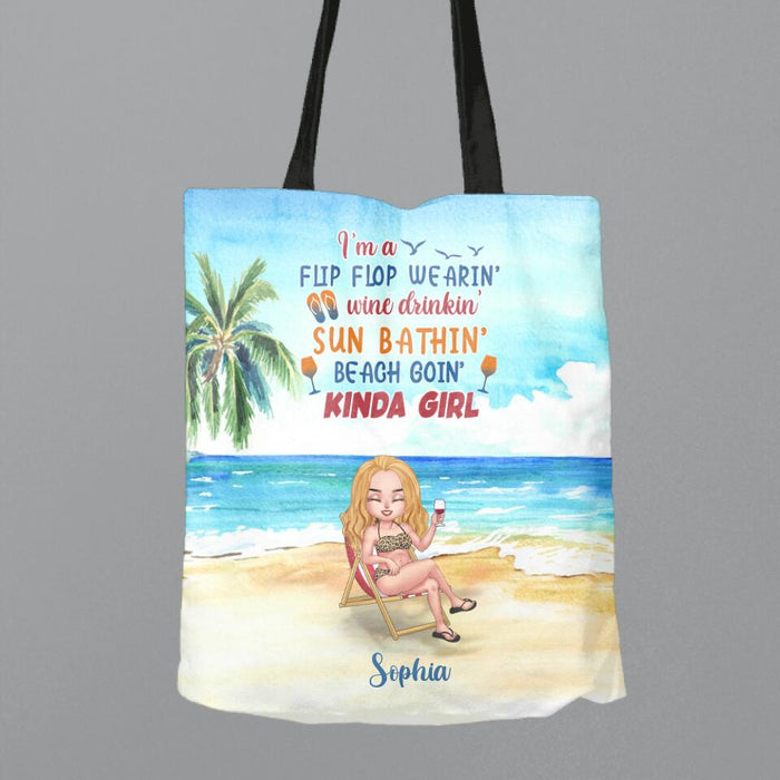 Personalized Beach Canvas Bag - Gift Idea For Beach Lover - I'm A Flip Flop Wearin' Wine Drinkin' Sun Bathin' Beach Goin' Kinda Girl