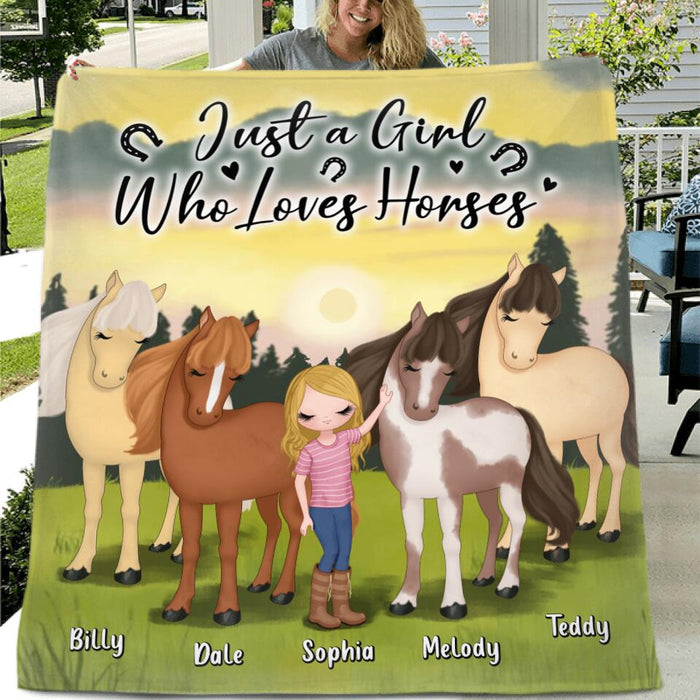Personalized Horse Girl Fleece Throw Blanket/Quilt - Gift Idea For Horse Lovers - Up To 4 Horses - Just A Girl Who Loves Horses