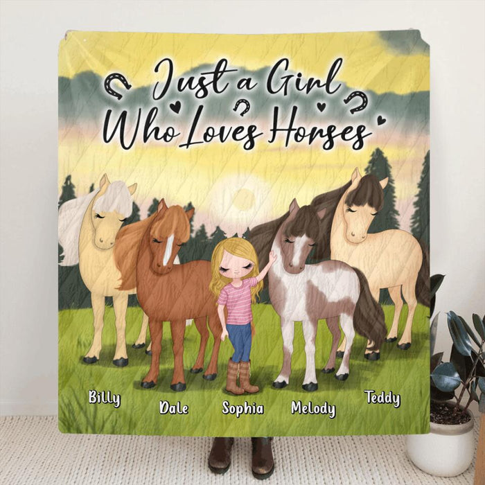 Personalized Horse Girl Fleece Throw Blanket/Quilt - Gift Idea For Horse Lovers - Up To 4 Horses - Just A Girl Who Loves Horses