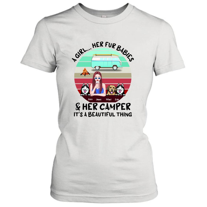 Personalized Camping Shirt - Women With  Up to 3 Dogs - Best Gift For Dog Lover - A Girl Her Fur Babies Her Dogs And Her Camper It's A Beautiful Thing