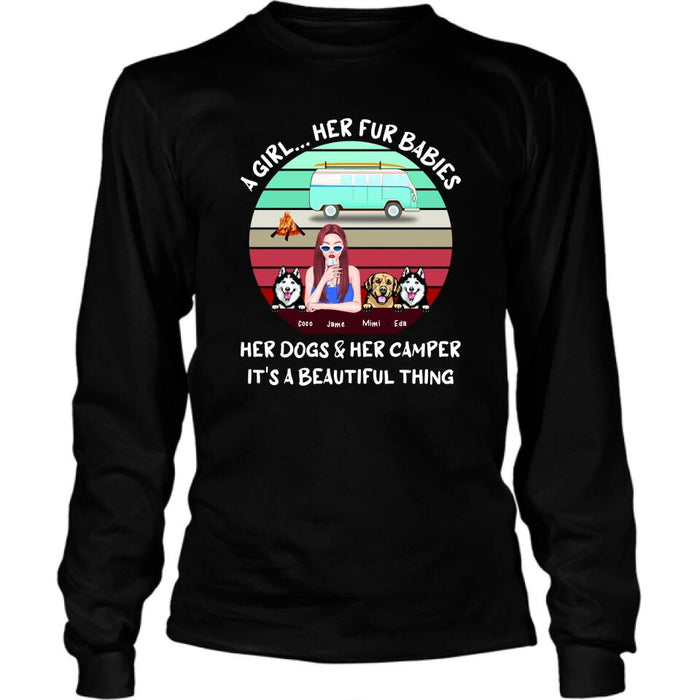 Personalized Camping Black T-Shirt - Women With Up to 3 Dogs - Best Gift For Dog Lover - A Girl Her Fur Babies Her Dogs And Her Camper It's A Beautiful Thing