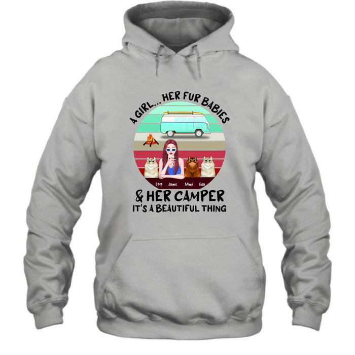 Personalized Camping T-Shirt - Women With Up to 3 Cats - Best Gift For Dog Lover - A Girl Her Fur Babies Her Cats And Her Camper It's A Beautiful Thing