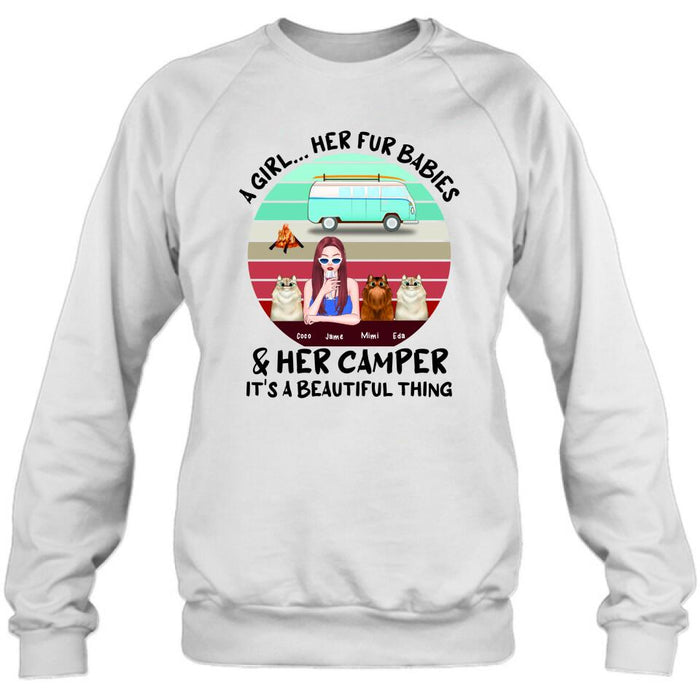 Personalized Camping T-Shirt - Women With Up to 3 Cats - Best Gift For Dog Lover - A Girl Her Fur Babies Her Cats And Her Camper It's A Beautiful Thing