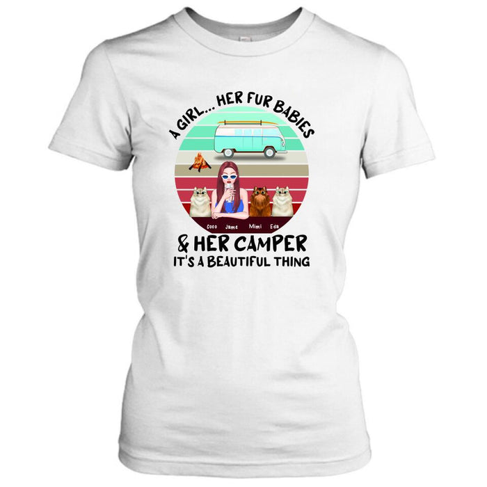 Personalized Camping T-Shirt - Women With Up to 3 Cats - Best Gift For Dog Lover - A Girl Her Fur Babies Her Cats And Her Camper It's A Beautiful Thing