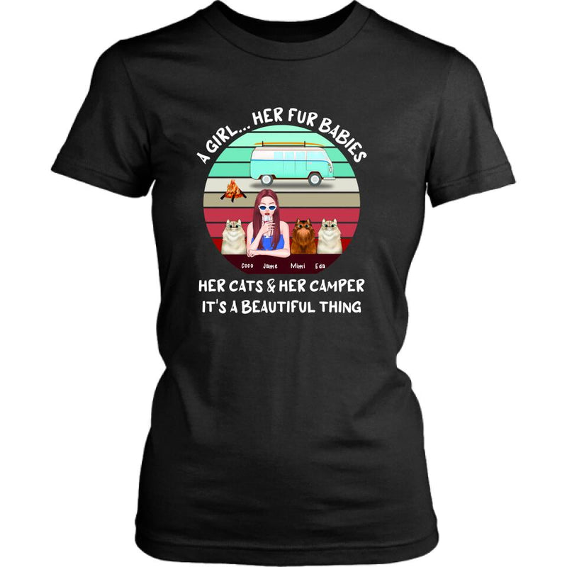 Personalized Camping Black T-Shirt - Women With Up to 3 Cats - Best Gift For Dog Lover - A Girl Her Fur Babies Her Cats And Her Camper It's A Beautiful Thing