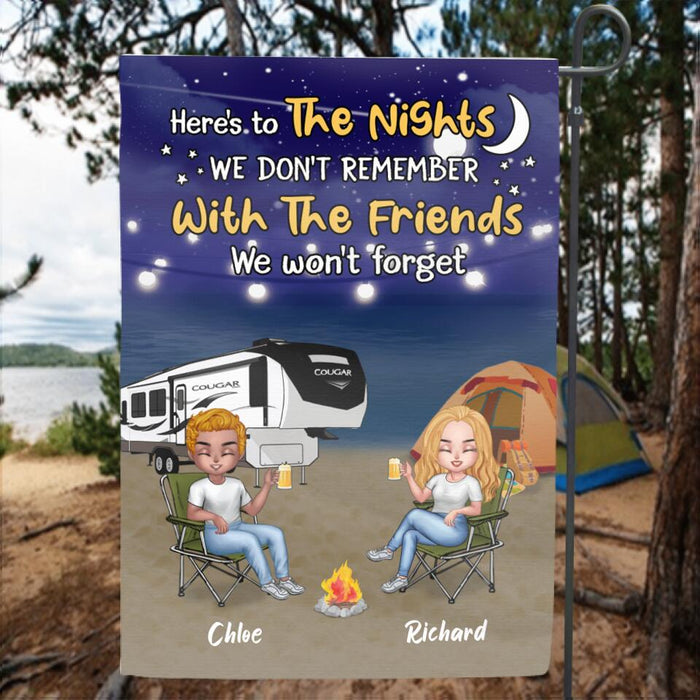 Personalized Camping Friends Flag Sign - Up to 7 People - Gift Idea For Friends/Camping Lover - Here's To The Nights We Don't Remember With The Friends We Won't Forget