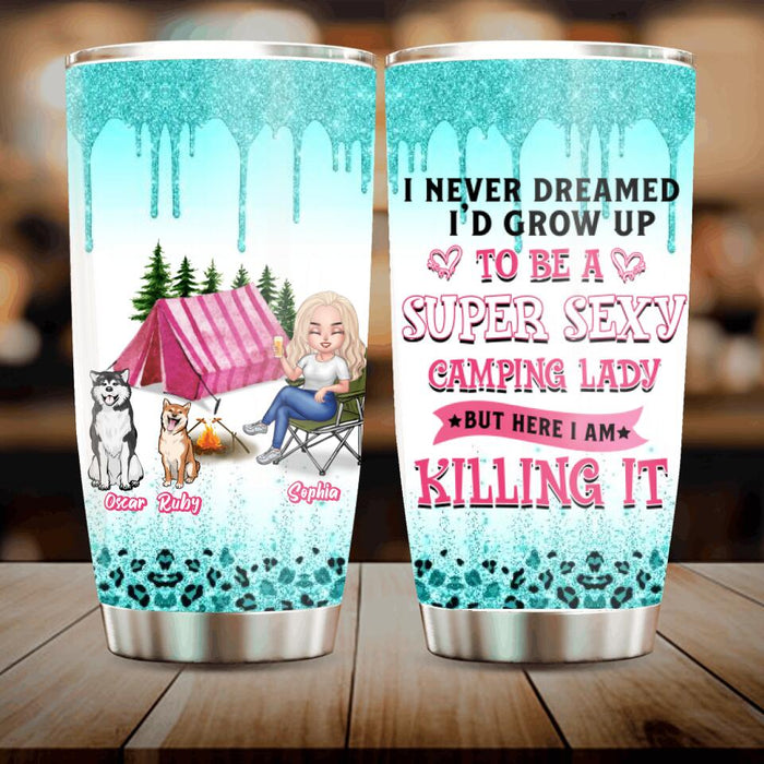 Personalized Camping Tumbler - Gift for Camping Lovers, Dog Mom - Camping Queen Dog Mom - Up to 2 Dogs - I never dreamed I'd grow up to be a sexy camping lady