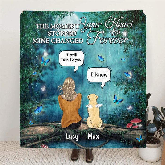 Personalized Memorial Pet Fleece Throw Blanket/Quilt - Adult/Couple With Up to 5 Pets - Memorial Gift Idea For Cat/Dog Lover - The Moment Your Heart Stopped Mine Changed Forever