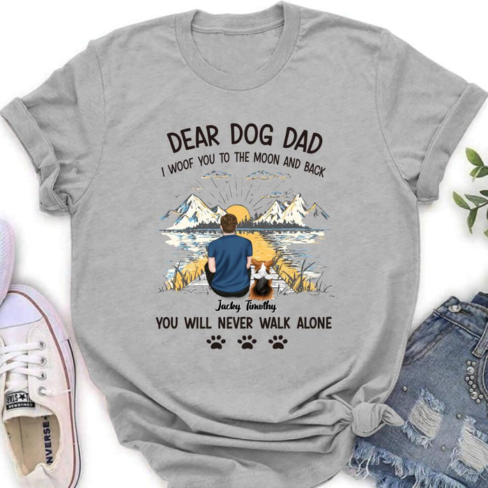 Personalized Dog Dad Shirt - Up to 5 Dogs - Gift Idea for Father's Day/Dog Lover - I Woof You To The Moon And Back