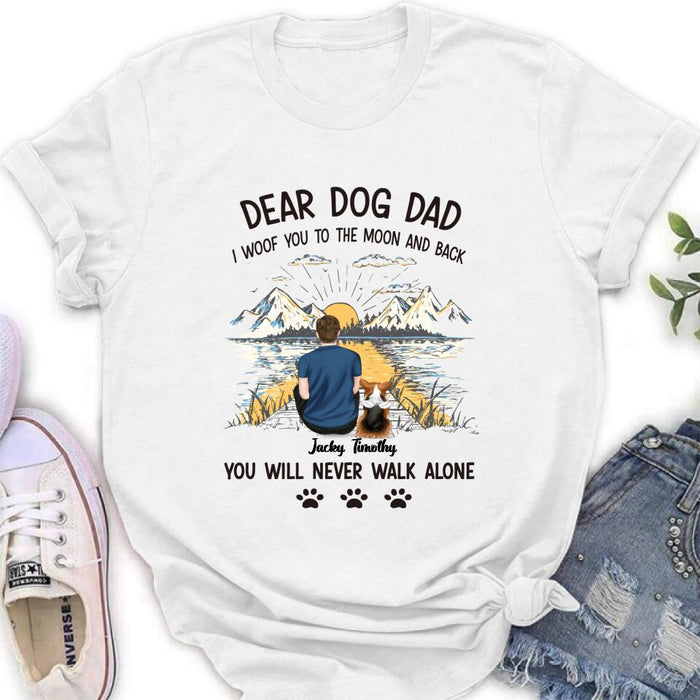 Personalized Dog Dad Shirt - Up to 5 Dogs - Gift Idea for Father's Day/Dog Lover - I Woof You To The Moon And Back