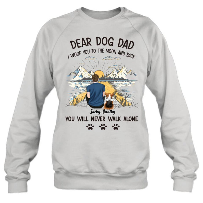 Personalized Dog Dad Shirt - Up to 5 Dogs - Gift Idea for Father's Day/Dog Lover - I Woof You To The Moon And Back