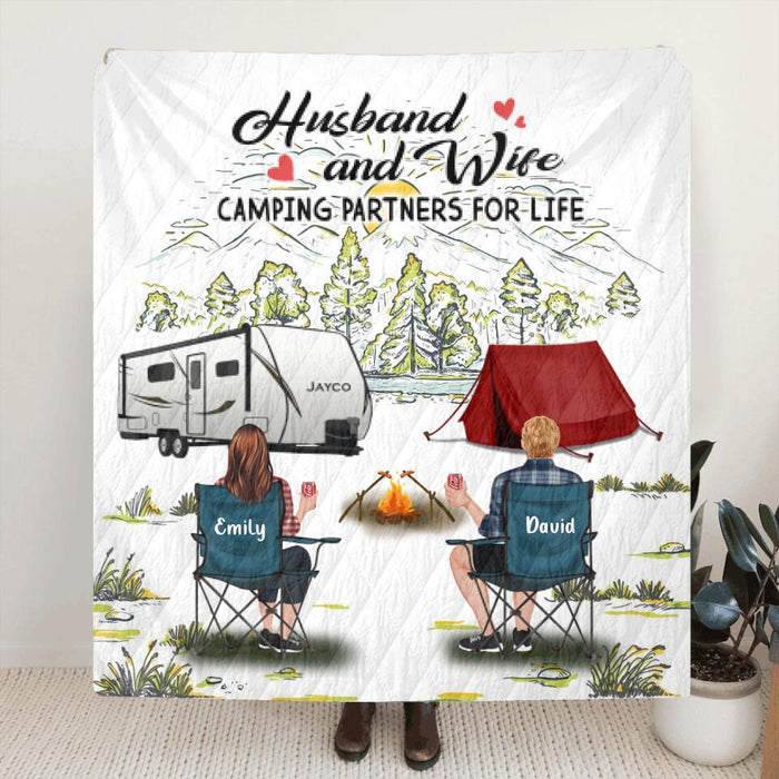 Personalized Camping Fleece Throw Blanket/Quilt - Gift Idea For Camping Lovers - Up To 4 Dogs - Husband And Wife Camping Partners For Life