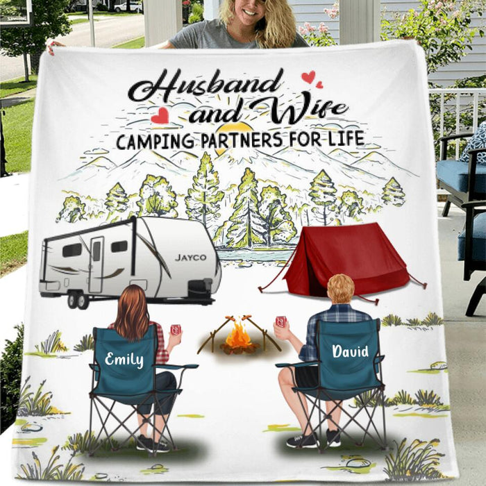 Personalized Camping Fleece Throw Blanket/Quilt - Gift Idea For Camping Lovers - Up To 4 Dogs - Husband And Wife Camping Partners For Life