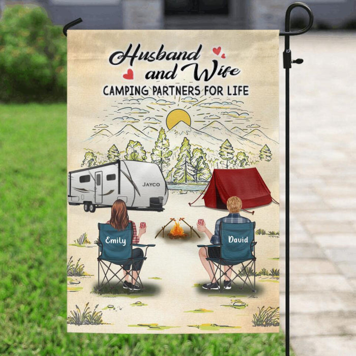Personalized Camping Flag Sign - Gift Idea For Camping Lovers/Couple With Up To 4 Dogs - Husband And Wife Camping Partners For Life