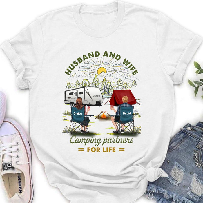 Personalized Camping Shirt/Hoodie - Gift Idea For Camping Lovers/Couple With Up To 4 Dogs - Husband And Wife Camping Partners For Life